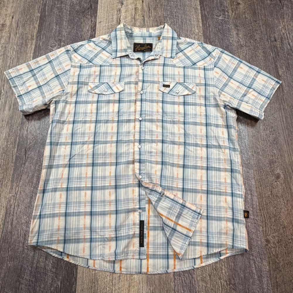 Howler Bros Brothers Western Shirt Mens Large Blue Plaid Pearl Snap Short Sleeve
